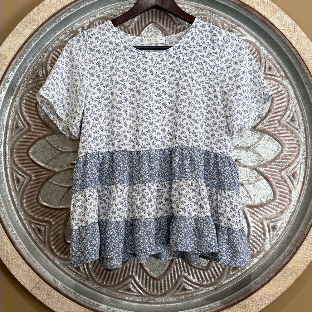3/$18 Bundle Deal Paper Crane Blue and White Floral Baby Doll Cropped Ruffle Top